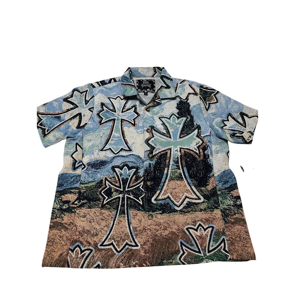 Rebel Vengeance Woven Tapestry Button Up Shirt Cross Graphic Landscape NWT XL